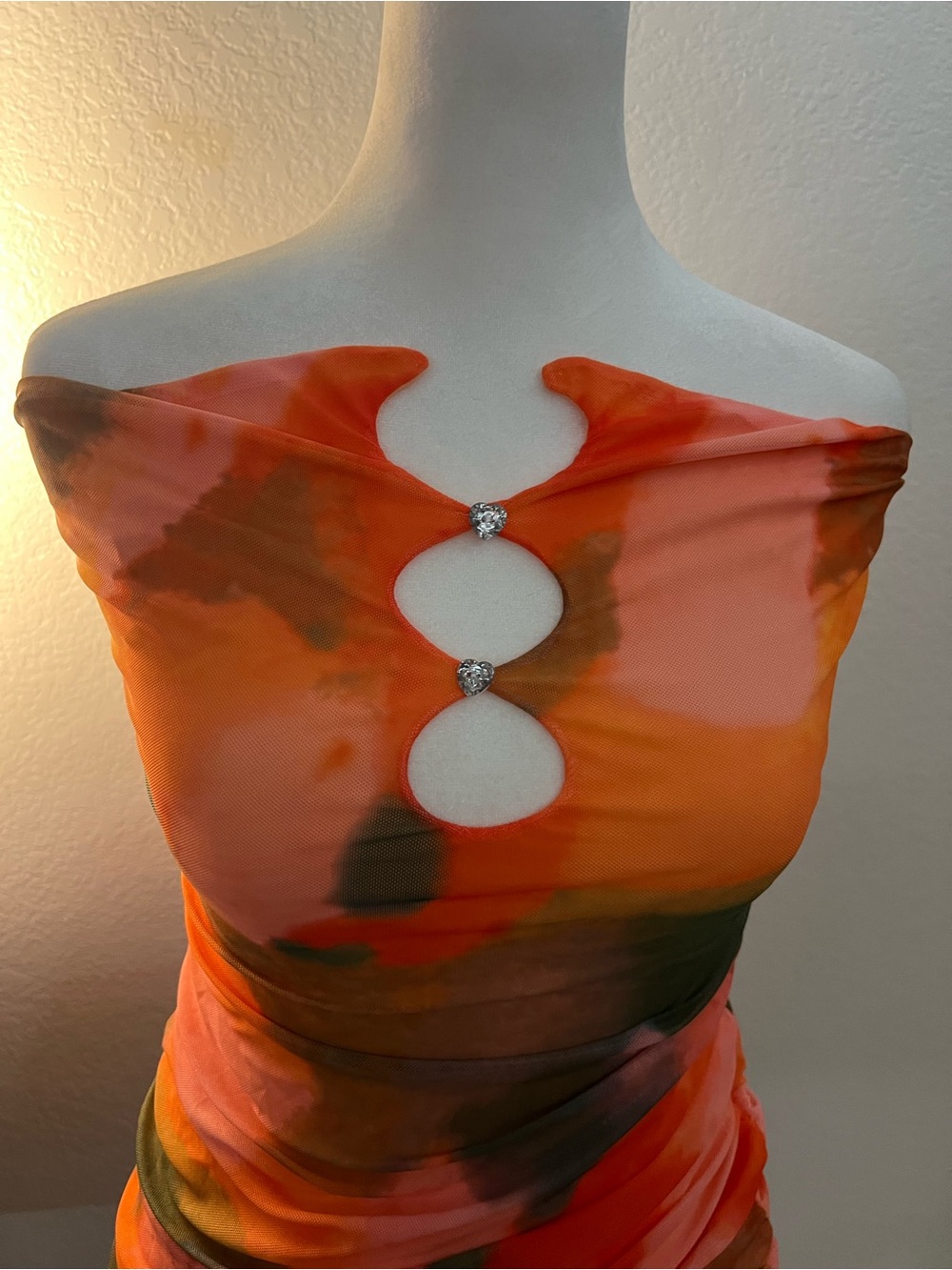 Orange Abstract Mesh Mini Dress Ruched Strapless Heart Cutout Y2K Party XS - Picture 2 of 5